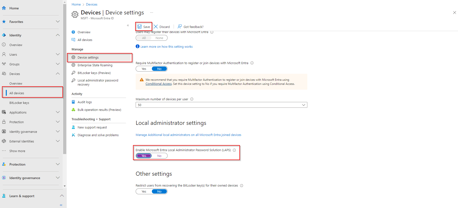 Enabling Microsoft Entra LAPS in device settings